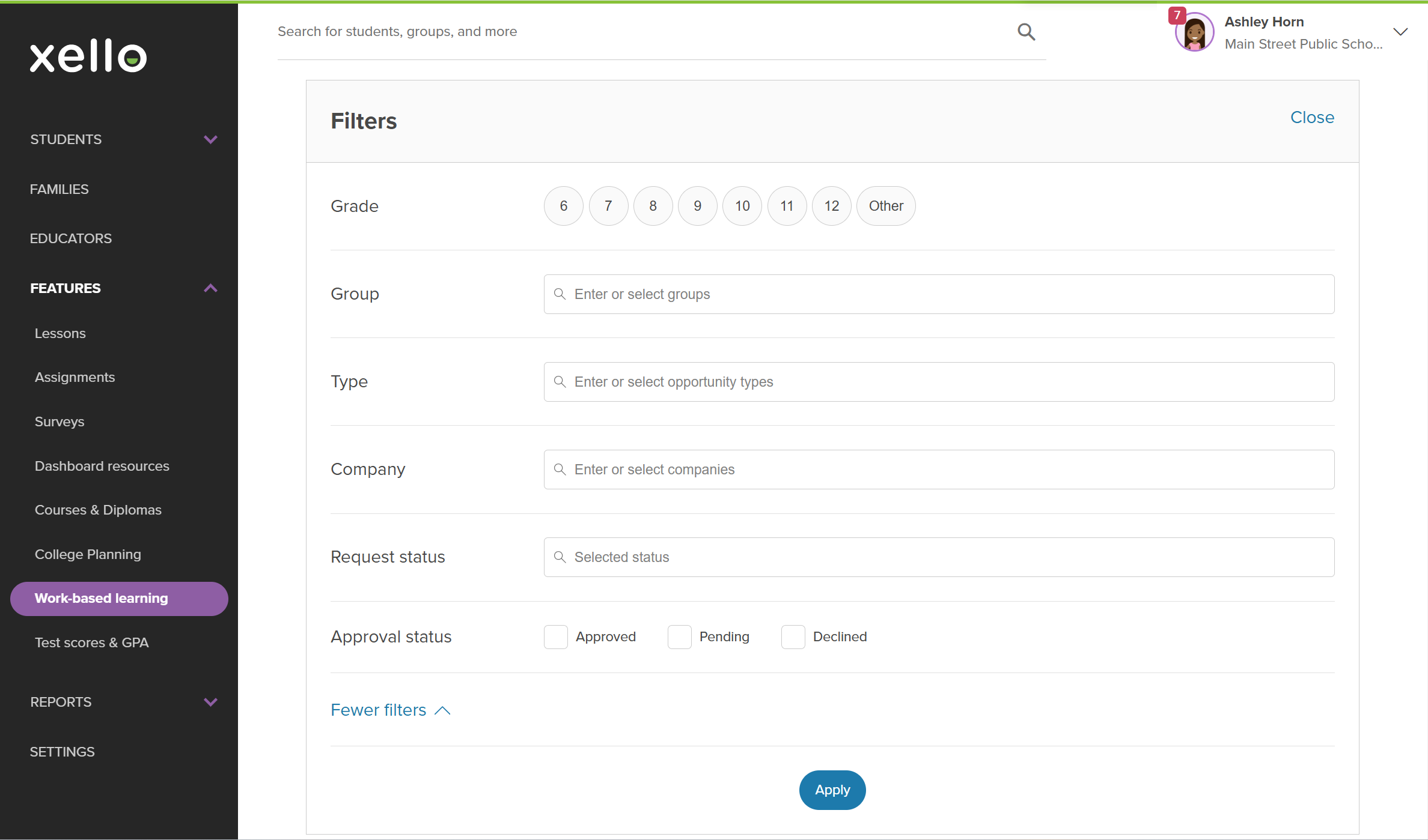 Filters modal. Filter options include grade, institution, type, company, request status, and approval status